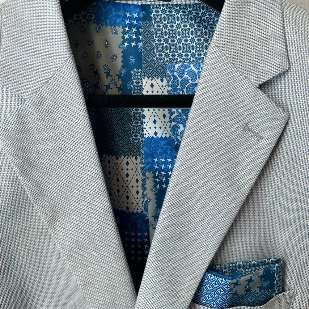 Alan Flusser XL Light Blue Blazer Textured Sport Coat Patchwork Lining - Picture 3 of 6